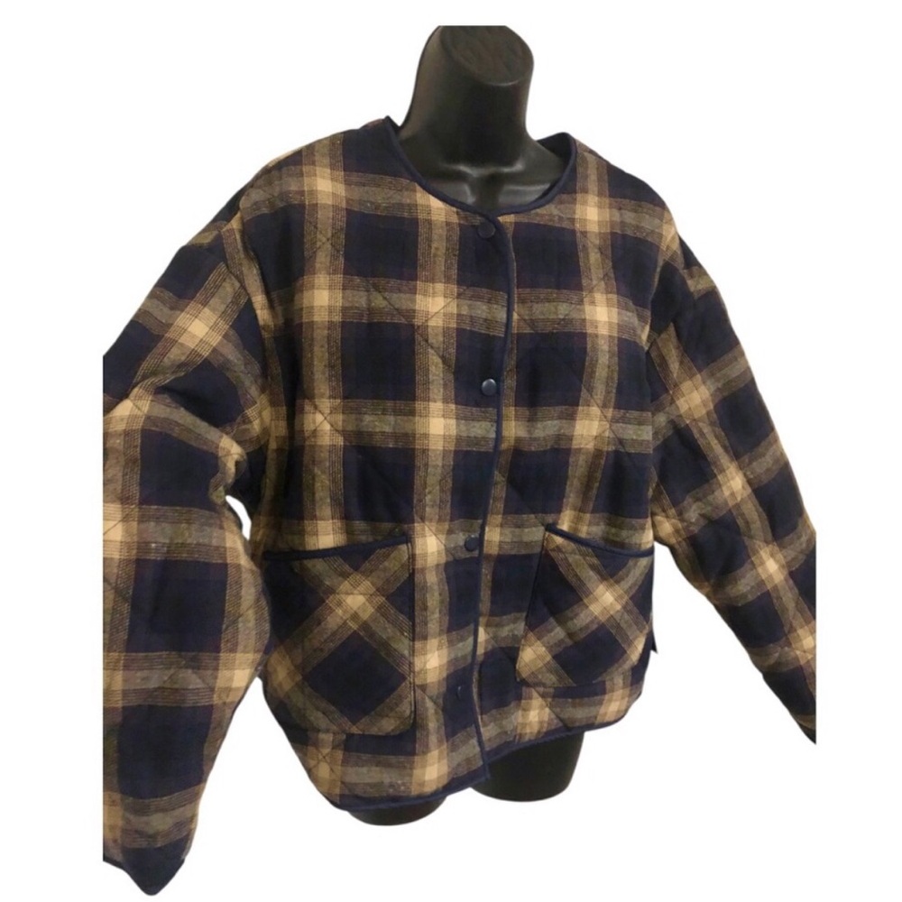 CiSono quilted navy krista plaid look snap button front padded jacket size large